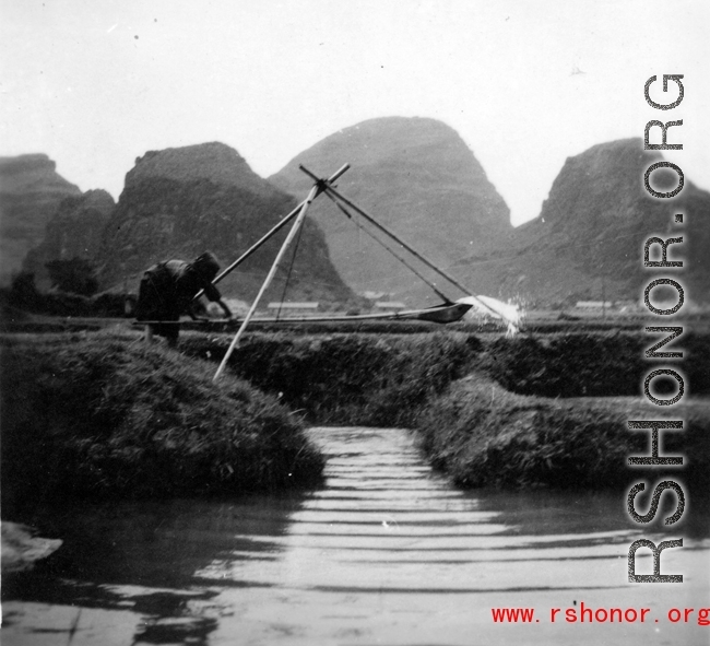 Pumping water into the fields in Guangxi province, either Liuzhou or Guilin.  Selig Seidler was a member of the 16th Combat Camera Unit in the CBI during WWII.