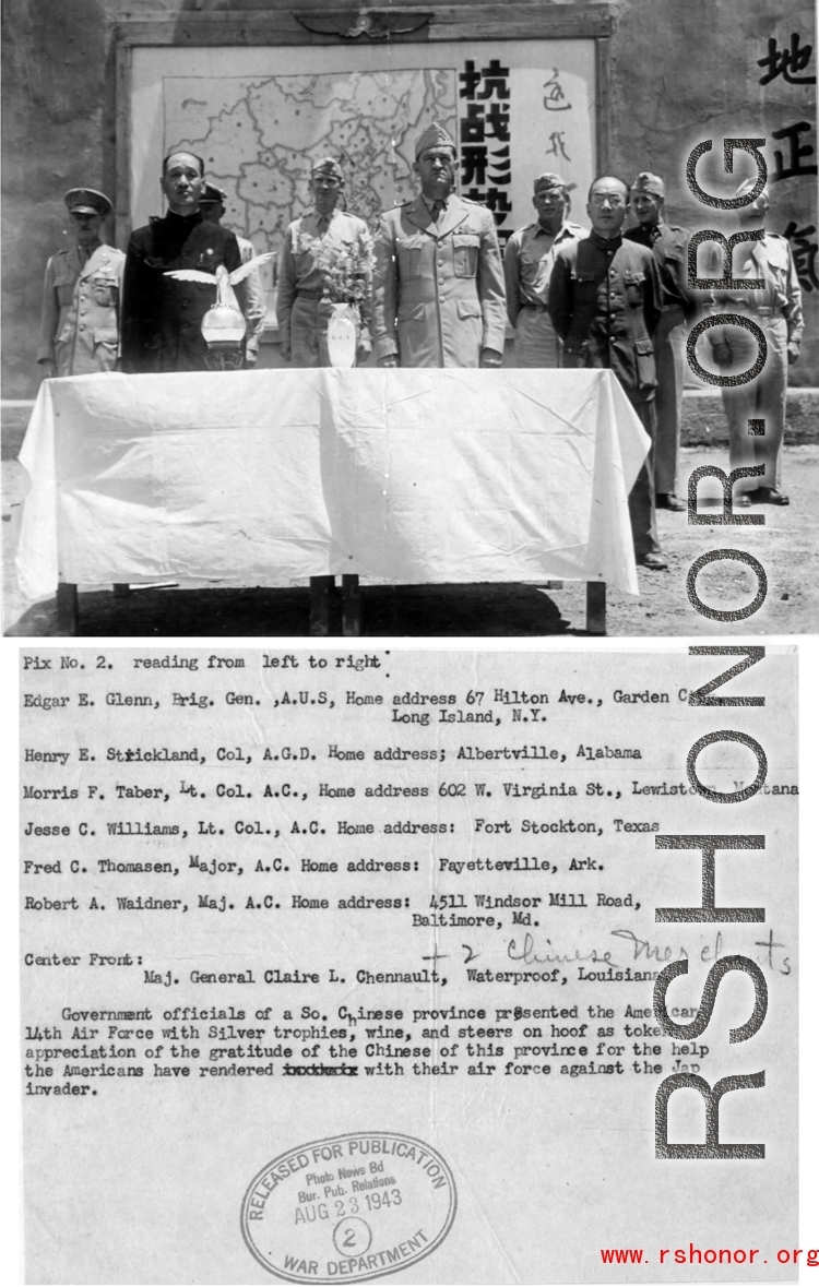 Gifts/awards presented by Chinese officials to American officers in southern China.  Edgar E. Glenn, Henry E. Strickland, Morris F. Taber, Jesse C. Williams, Fred C. Thomasen, Robert A. Waidner, Claire L. Chennault, and two Chinese merchants  In the CBI during WWII.