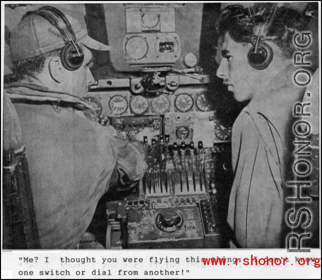 Flyers in a cockpit in the CBI during WWII.
