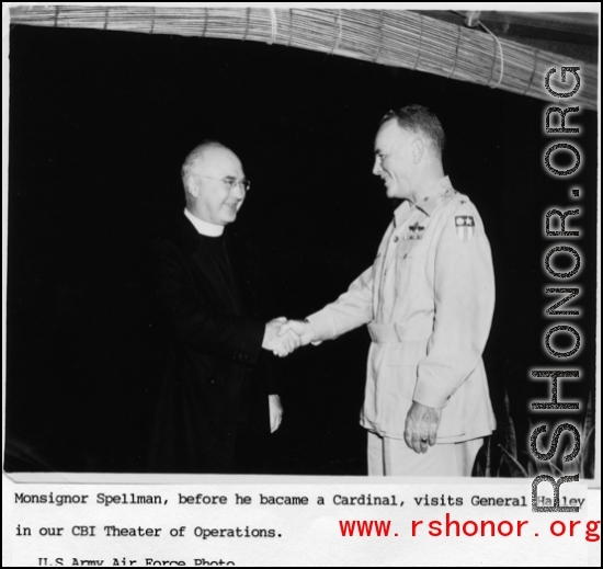 Monsignor Spellman,  before he became Cardinal, visits General Hanley in the CBI.  US Army Air Force photo.