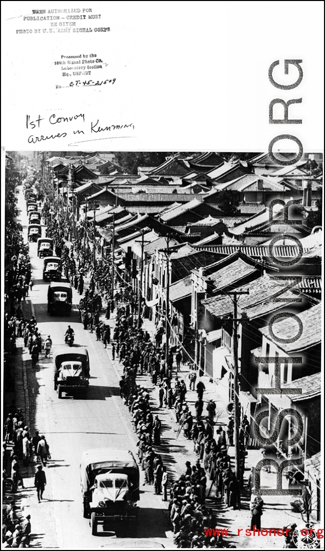 Chinese crowds eagerly welcome the first US land convoy of supplies arrives in Yunnan province after completion of the Burma/Ledo/Stilwell road.  In the CBI.  By U. S. Army Signal Corps.