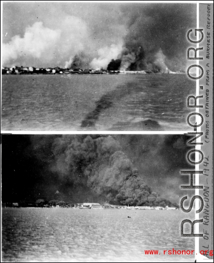 Rangoon burning after the fall of Rangoon in 1942. "Photos obtained from a Burmese refugee."