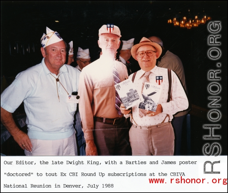 Ex-CBI Roundup editor Dwight King, with a Bartles and James poster "doctored" to tout Ex-CBI Roundup subscriptions at the CBIVA National Reunion in Denver, July 1988.