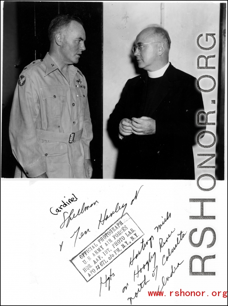 Cardinal Spellman and General Hanley chat at Hastings Mill, India, near Hooghly River, during WWII.
