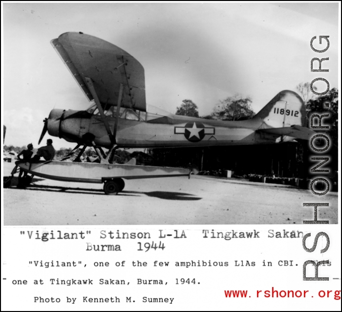 "Vigilant" Stinson L-1A, tail number #118912, at Tingkawk Sakan, Burma, 1944.  Photo from Kenneth M. Sumney.