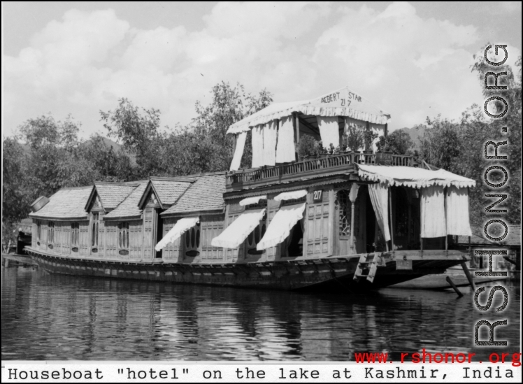 Houseboat "Hotel" on the lake at Kashmir, India, during WWII.