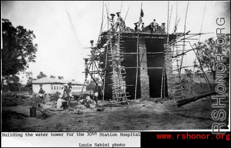 Building water tower for 30th Station Hospital in India during WWII.  Photo from Louis Sabini.
