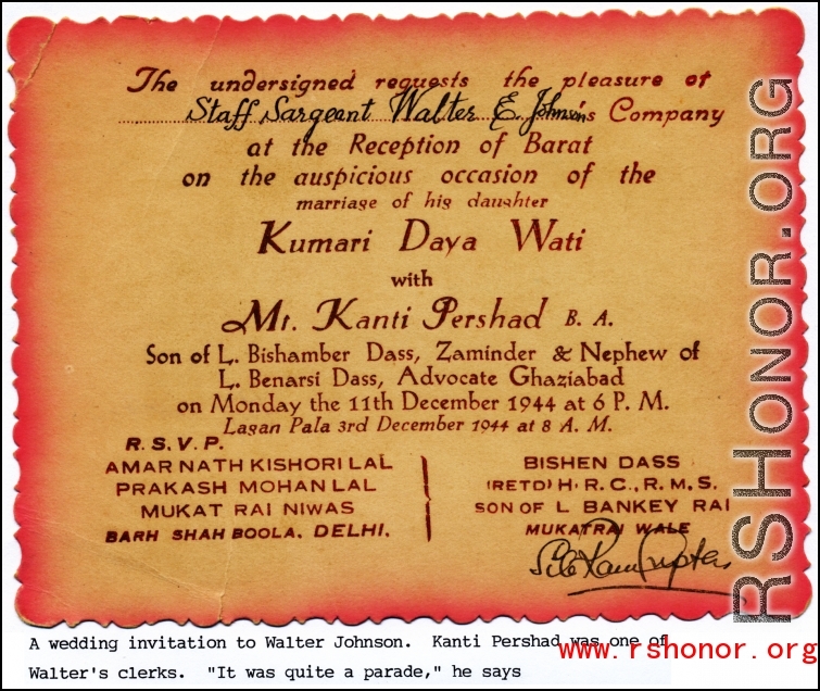Wedding invitation in India to Staff Sergeant Walter E. Johnson, December 1944, for one of his clerks, Kanti Pershad.