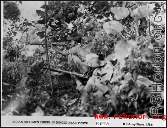 Indian riflemen firing in jungle near Pinwe, Buram. US Army Photo.