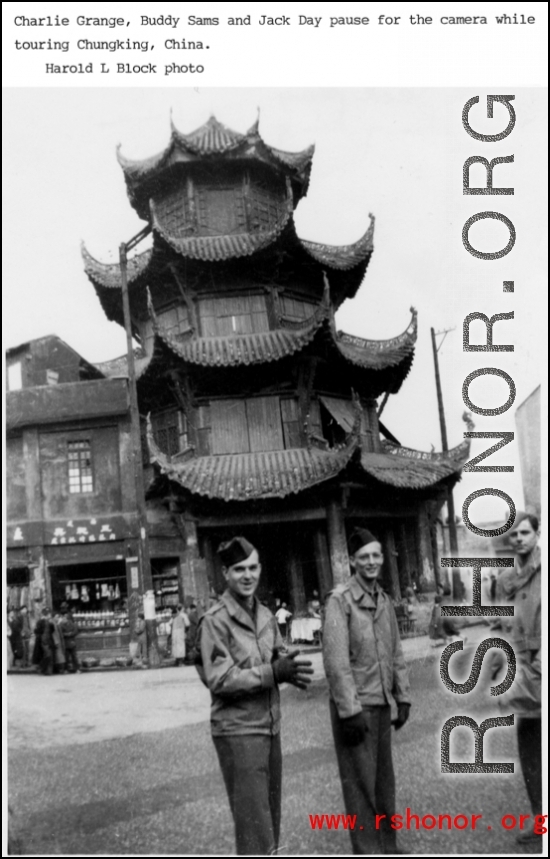 American GIs tour Chongqing, including a some cool architecture, during WWII.  Photo from Harold L. Block.