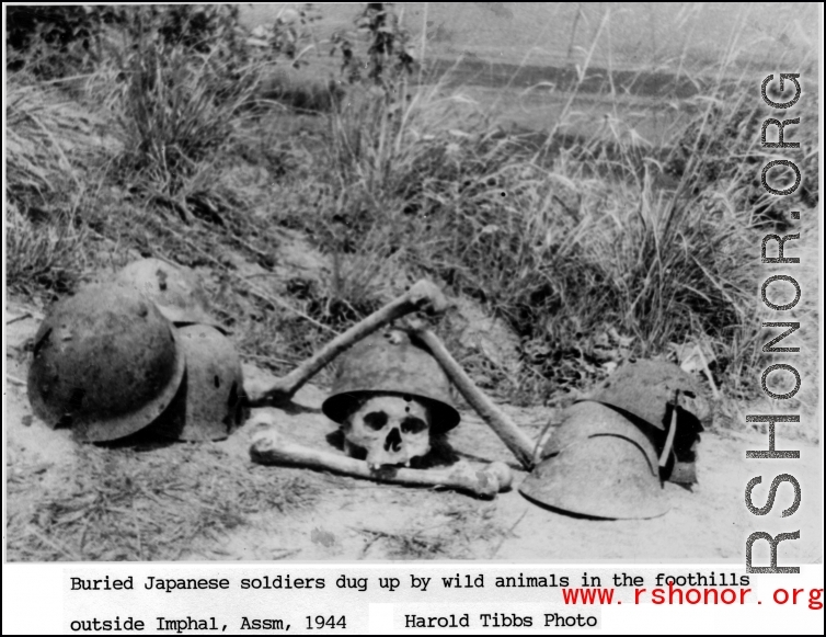 "Buried Japanese soldiers dug up by wild animals in the foothills outside Imphal, Assam, 1944."  Photo from Harold Tibbs.