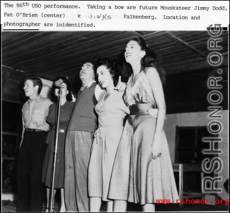 "The 86th USO performance." Taking a bow are future Moueskateer Jimmy Dodd, along with Pat O'Brien (center), Betty Yeaton, and Jinks Falkenburg,