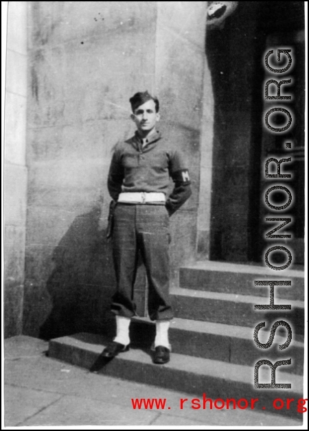 An American MP stands in a doorway somewhere in the CBI during WWII.