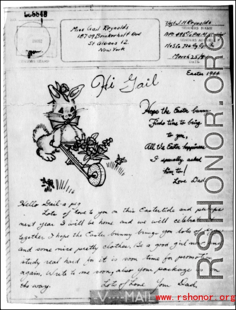 Easter 1944 V-MAIL sent from a father, T/Sgt. J. H. Reynolds, in the CBI to his daughter nick named "Gail-a-peg" in the US, during WWII.