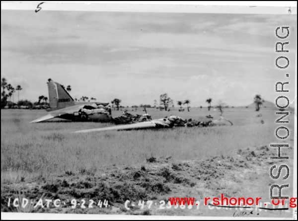 C-47 transport airplane #293689 crashed and burned in a field in the CBI during WWII. September 22, 1944. ICD ATC.