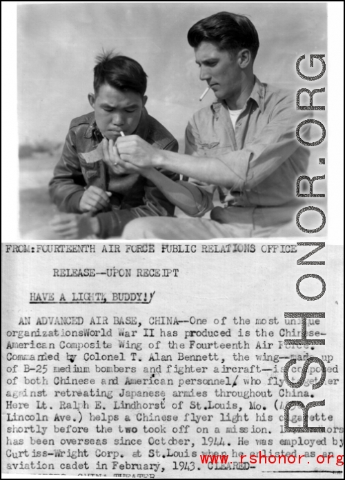 American and Chinese members of the CACW share a cigarette. Here Lt. Ralph E. Linhorst shares cigarette before they leave for mission.