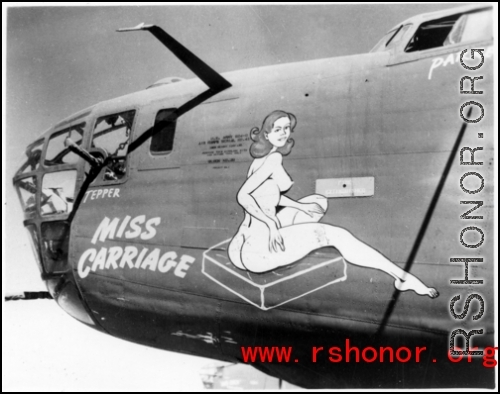 Nose art on B-24  bomber "Miss Carriage" during WWII.