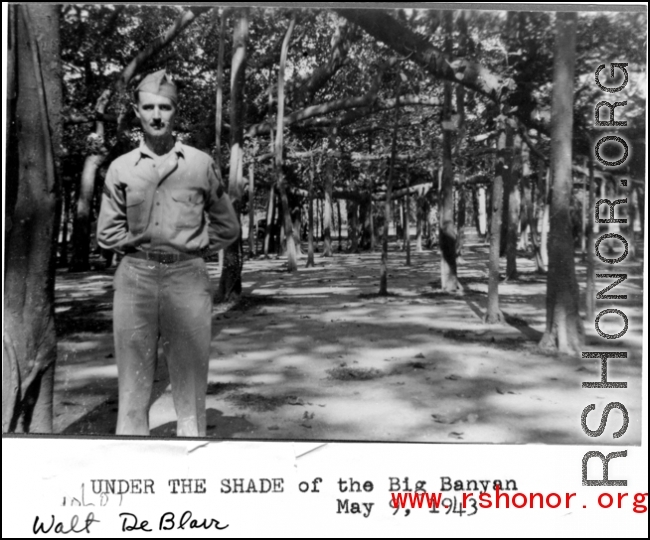 A GI under the shade 0f a big banyan tree, May 9, 1943, in the CBI.  Photo from Walt De Blair.