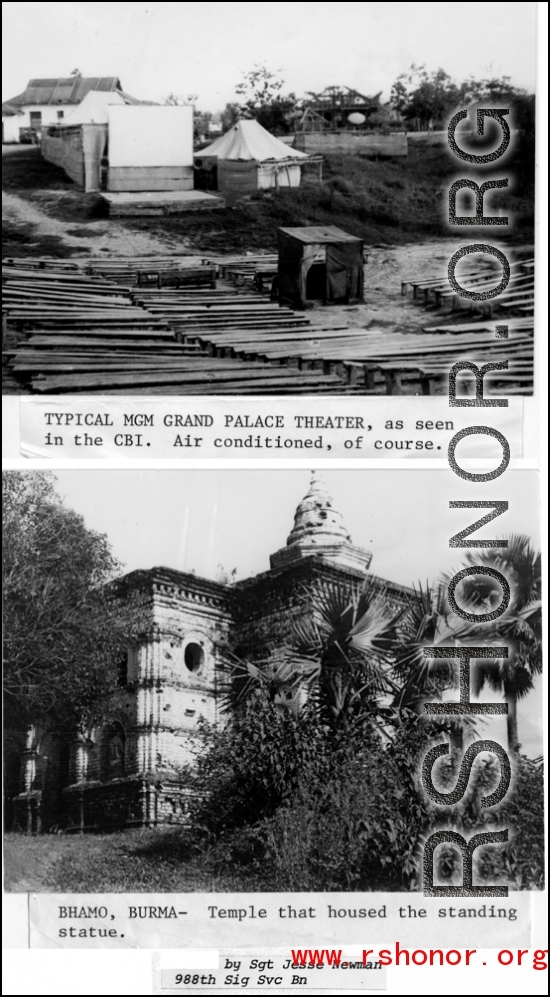 Outdoor theater for entertaining GIs; Temple with statue. Bhamo, Burma. In the CBI during WWII.   Photos by Sgt. Jesse D. Newman, 988th Signal Service Battalion.
