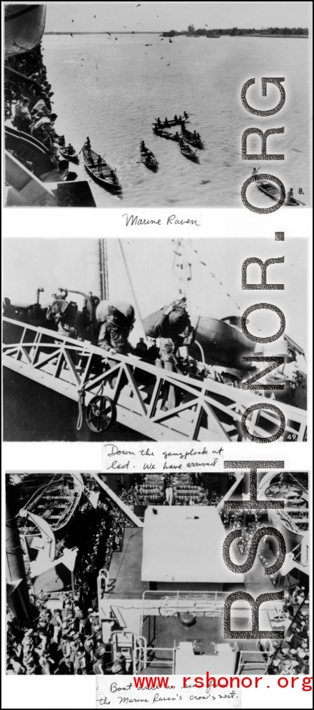 Various scenes from the Marine Raven as GIs were heading home from the CBI after the war.