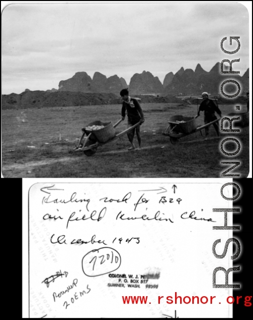 Chinese workers move rock for a B-29 air field at Guilin (Kweilin) China, December 1943.  Photo from W. J. Peterkin.