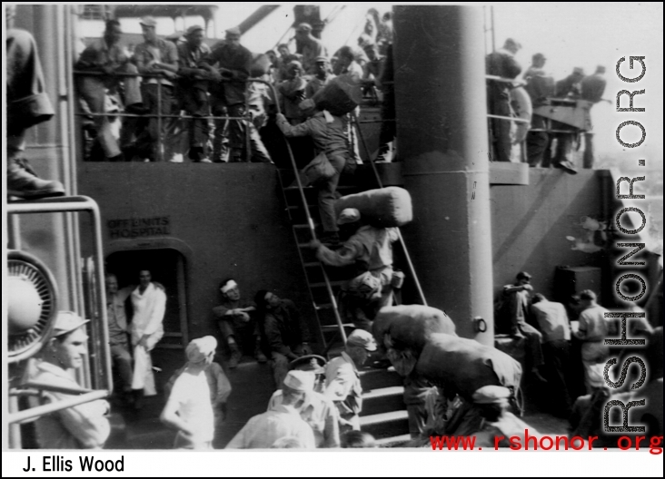 GIs on the ship back home to the US after the war.  Photo from J. Ellis Wood.