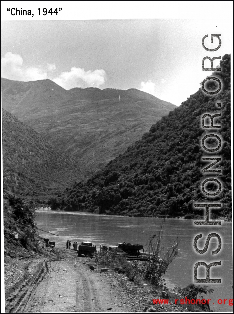 Ferry crossing on Salween River, China, 1944. In the CBI during WWII.