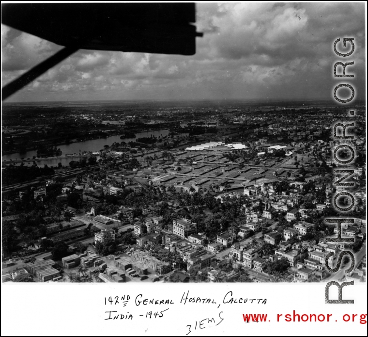 Aerial view of 142nd General Hospital, Calcutta, during WWII, 1945.