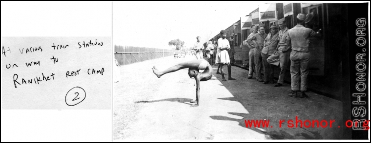 A contortionist puts on a display for GIs at a rest stop on the train ride to Ranikhet Rest Camp.  In the CBI during WWII.