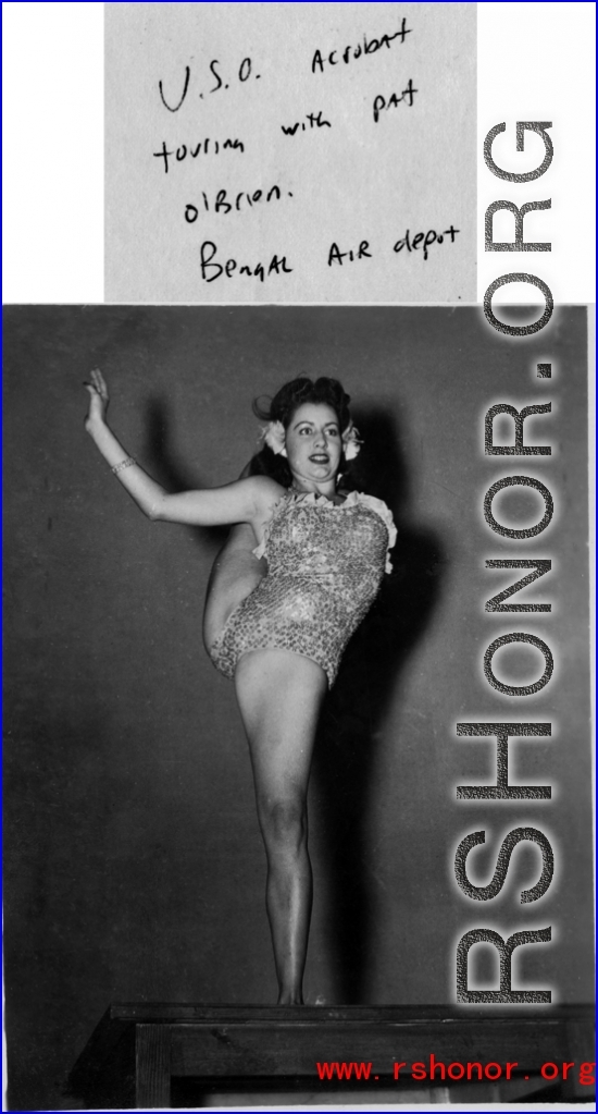 Betty Yeaton shows her contortionist skills as part of USO show at the Bengal Air Depot, during WWII.