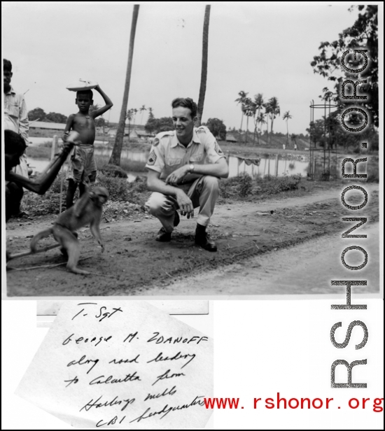 T/Sgt. George M. Zdanoff along the road leading to Calcutta from Hastings Mills CBI HQ during WWII.