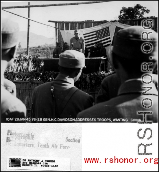 General H. C. Davidson addresses Chinese and American troops at Wanting, China, along Burma Road.  Image provided by Anthony J. Prombo.  In the CBI during WWII.