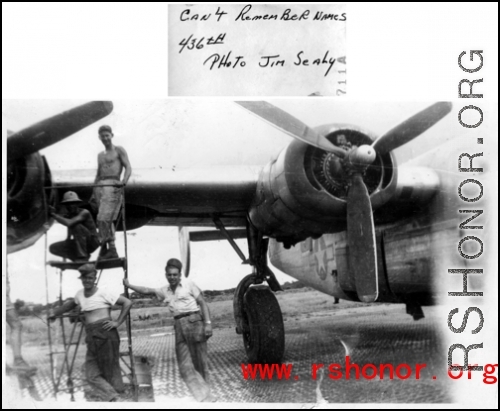 American engineers of the 436th Bomb Squadron working on B-24 engine in the CBI during WWII.  Photo form Jim Sealy.