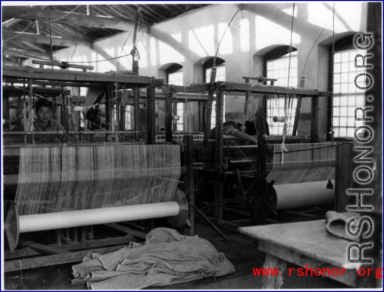 A weaving mill or textile factory in the CBI during WWII.  Image provided by Dorothy Yuen Leuba.