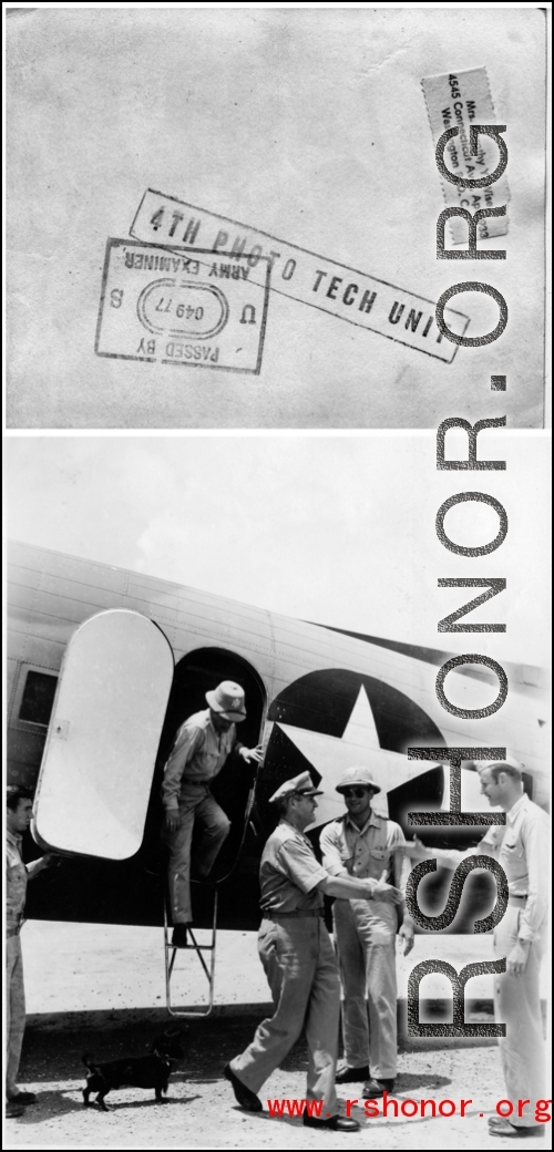VIP officers exit transport airplane in the CBI during WWII.  Photo by 4th Photo Tech Unit, provided by Dorothy Yuen Leuba.