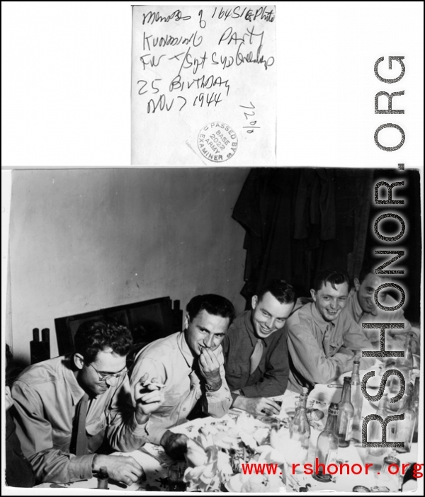 Birthday party in Kunming for T/Sgt. Syd Greenberg's 25th birthday, November 7, 1944. 164th Signal Photographic Company.