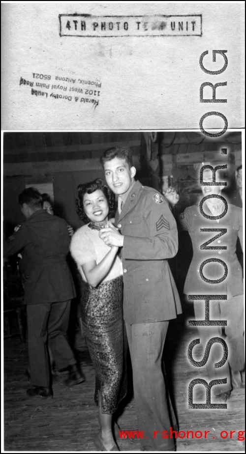 A young GI dances with an entrancing Chinese woman at a party and dance at the Hostel #10 Officer's Club on January 19, 1945. Another eager GI is reaching out to cut in, however.  Images provided by Dorothy Yuen Leuba.