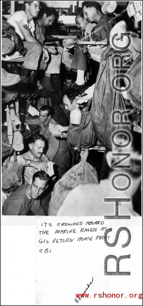 GIs crowded into bunks on the Marine Raven on their return from the CBI to the US after the war.  Photo from "Edmonds."