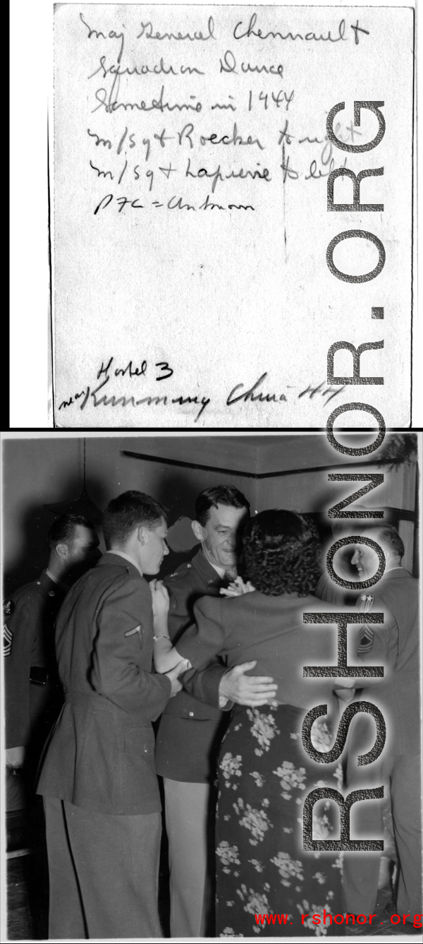 A PFC tries to cut in on Chennault at a dance in Hostel #3 at Kunming, China, 1944.