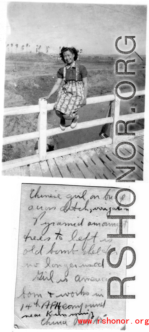 Chinese-American girl on bridge near Kunming, China, 1945.