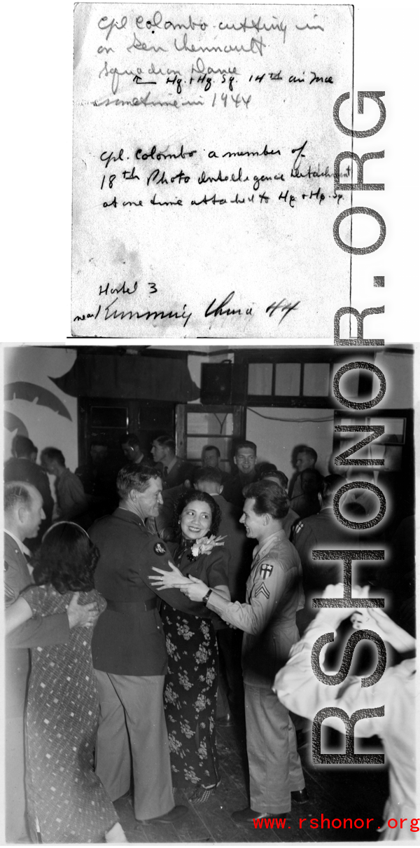 Cpl. Colombo tries to cut in on Chennault at a dance in Hostel #3 at Kunming, China, 1944.
