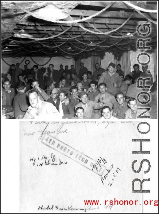GIs socializing in the game room on New Year's Eve, at Hostel #3, Kunming, China, 1944.
