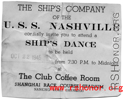 USS Nashville ship's company's invitation to Ship's Dance at the Shanghai Race Course Stadium on October 22, 1945, after WWII.