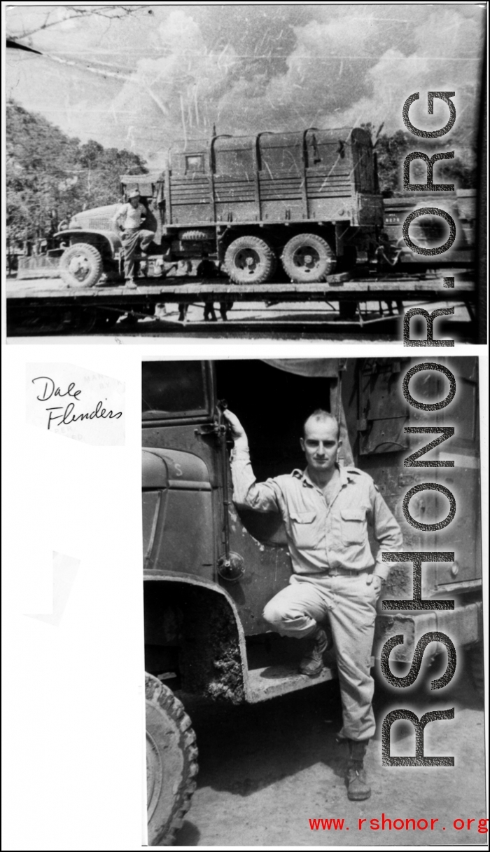 Heavy trucks on the move during WWII, in the CBI, including on a flat-bed train freight carrier.  Dale Flinders.