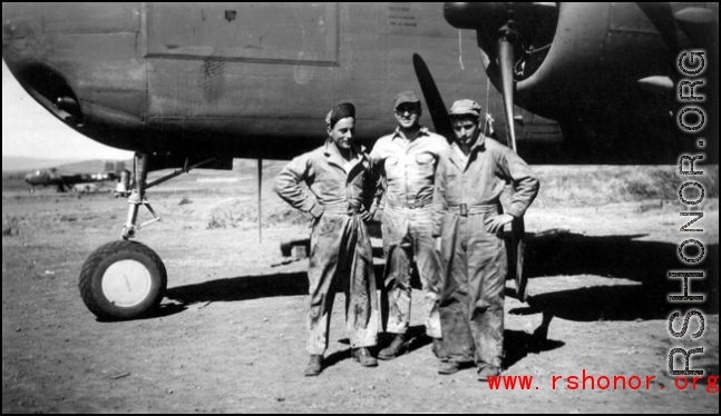 Aircraft mechanics George Butsika, John Aspinwall, Clayton E. Nash, pose next to a B-25G of the 491st Bomb Squadron at Yangkai AB, China, shortly after the squadron arrived in January 1944. M/Sgt Aspinwall was the maintenance Line Chief, responsible for all 491st aircraft maintenance.