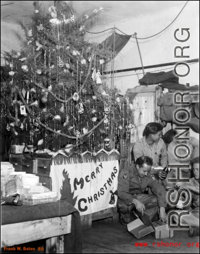 Luichow Kid LD Jones, William "Wild Bill" Gornik (engineer-gunner; on the right, sitting on the bunk), Schmidt, CE Jones. Christmas at Yangkai, China 1944.  From the collection of Frank Bates.