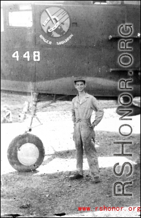 S/Sgt Wilbert 'Willie' Beausoliel, aircraft mechanic with the 491st Bombardment Squadron, Yangkai, posing with B-25 tail #448 about June 1944.  (Info courtesy Tony Strotman)