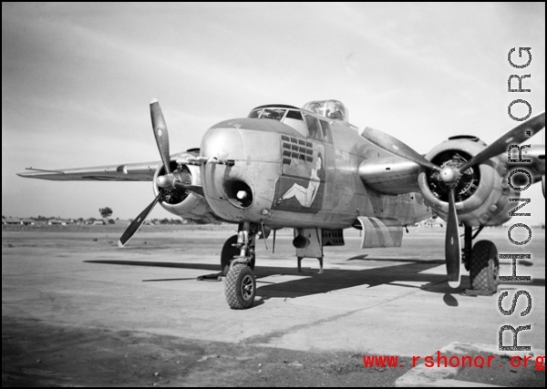 Aircraft #43-4978, "88", at Shamshernagar, Assam, India, 1944. This combat veteran B-25H was assigned to the 434th Bomb Squadron, 12th Bomb Group.  The 12th Bomb Group moved from the Mediterranean Theater to join the 10th Air Force in india in late March 1944. They flew missions against targets in Burma until the war ended.