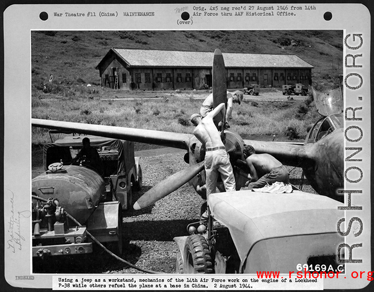 A P-38 under maintenance and fueling at a base in Guangxi province in 1944, most likely a base at Guilin. August 2, 1944.