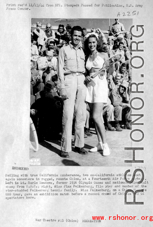 Lt. Earle Meadows, former Olympian and USC pole vault champ, poses with Jinx Falkenburg, movie star, in China during WWII.